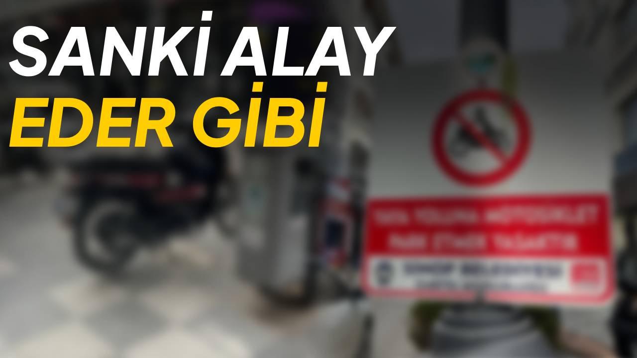 Sinop’ta şaka gibi görüntü: “Yasak” tabelasının yanını motosiklet parkı yaptılar