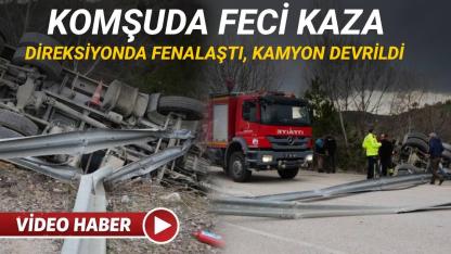 Direksiyon başında fenalaştı, hafriyat kamyonu şarampole devrildi