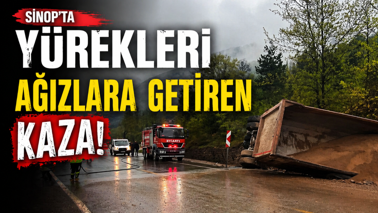 Sinop kum yüklü kamyon devrildi: Sürücü yaralandı