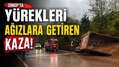Sinop kum yüklü kamyon devrildi: Sürücü yaralandı