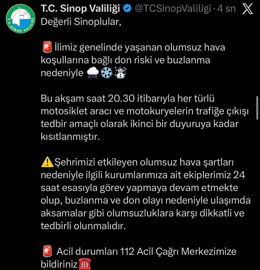 Sinop’ta motosikletlere geçici yasak