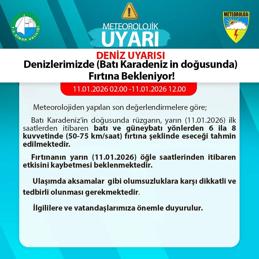 Sinop Valiliği'nden fırtına uyarısı