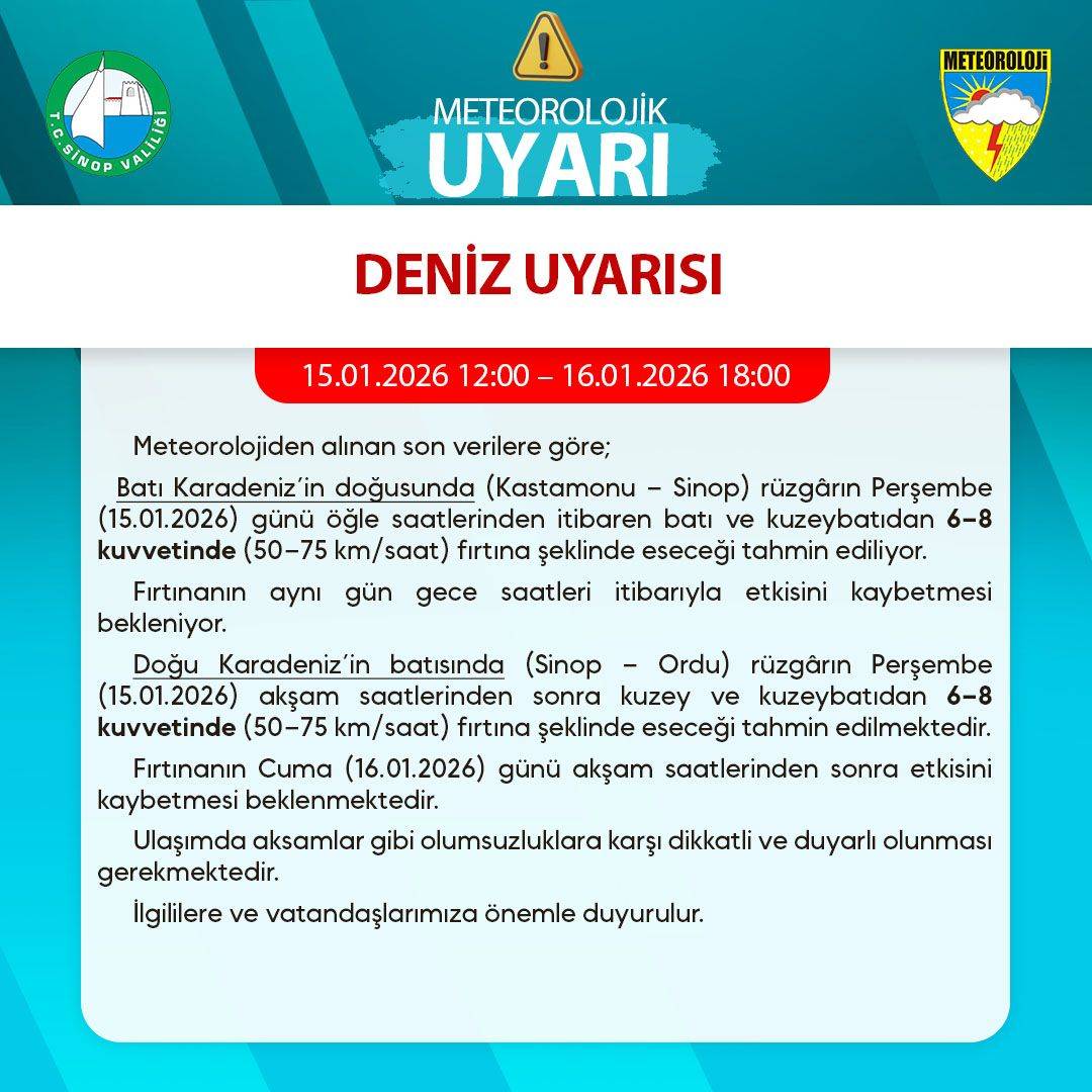 Sinop için fırtına uyarısı yapıldı
