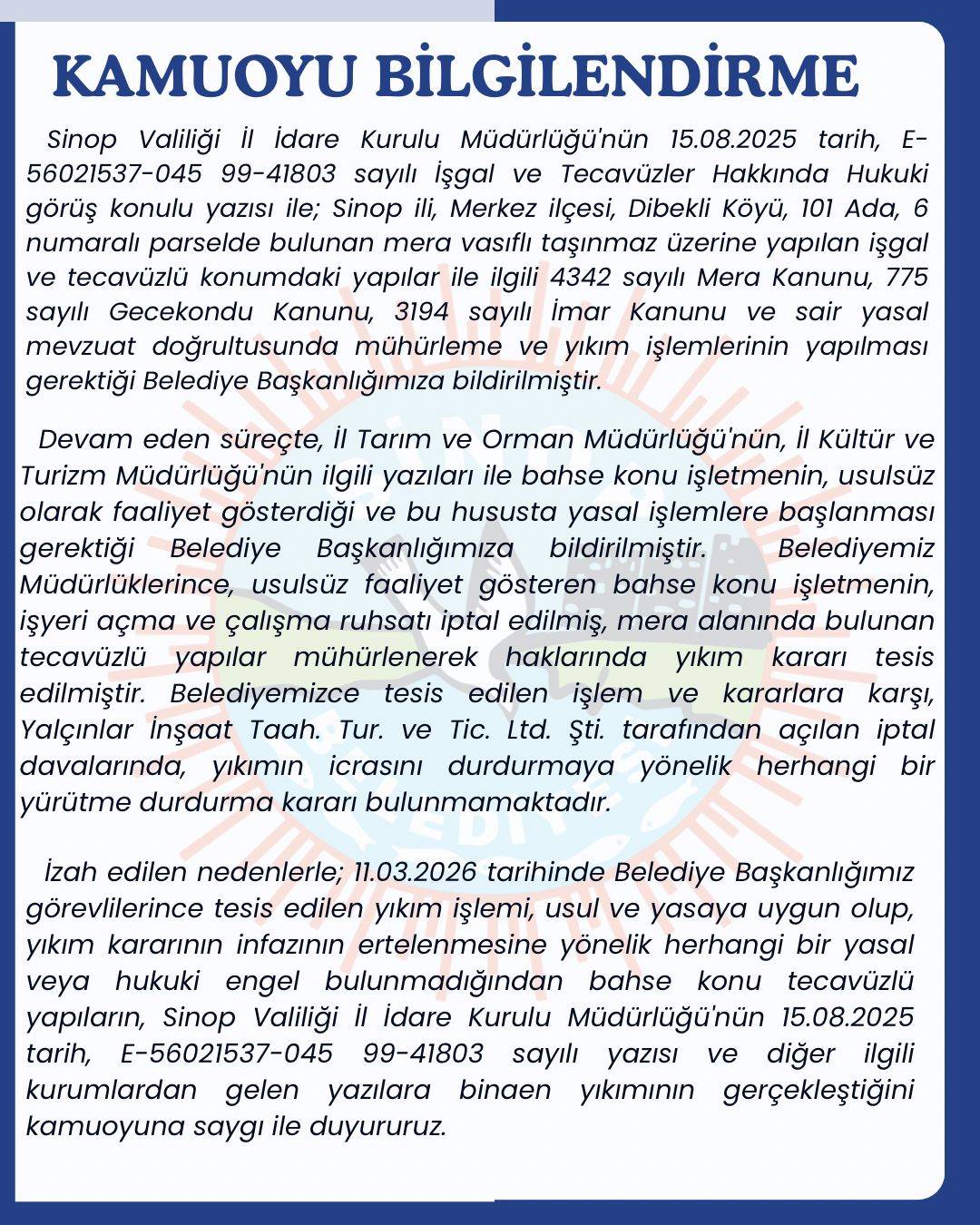 Akliman’daki yıkımla ilgili Sinop Belediyesi'nden açıklama