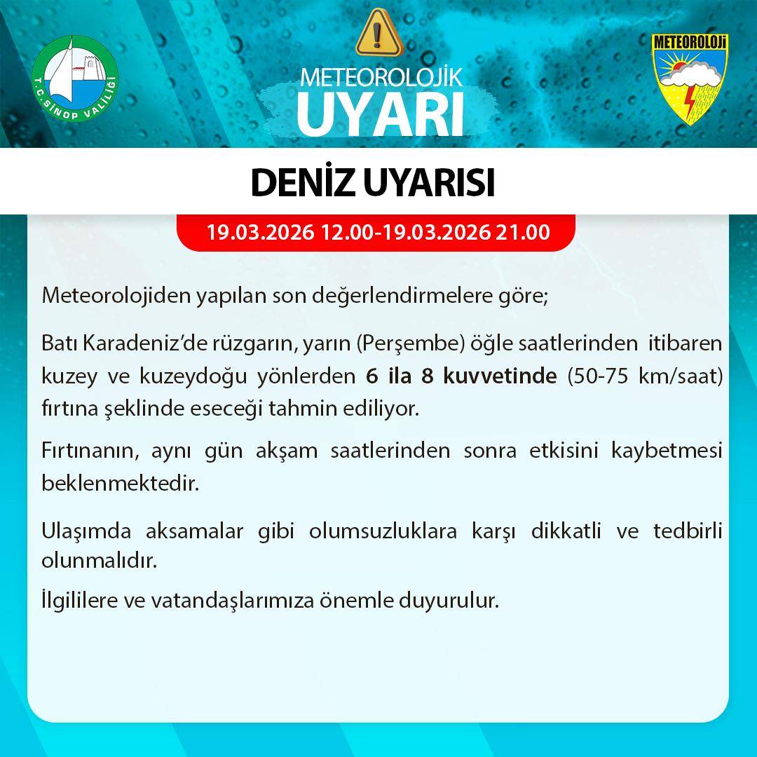 Dikkat! Sinop için fırtına uyarısı