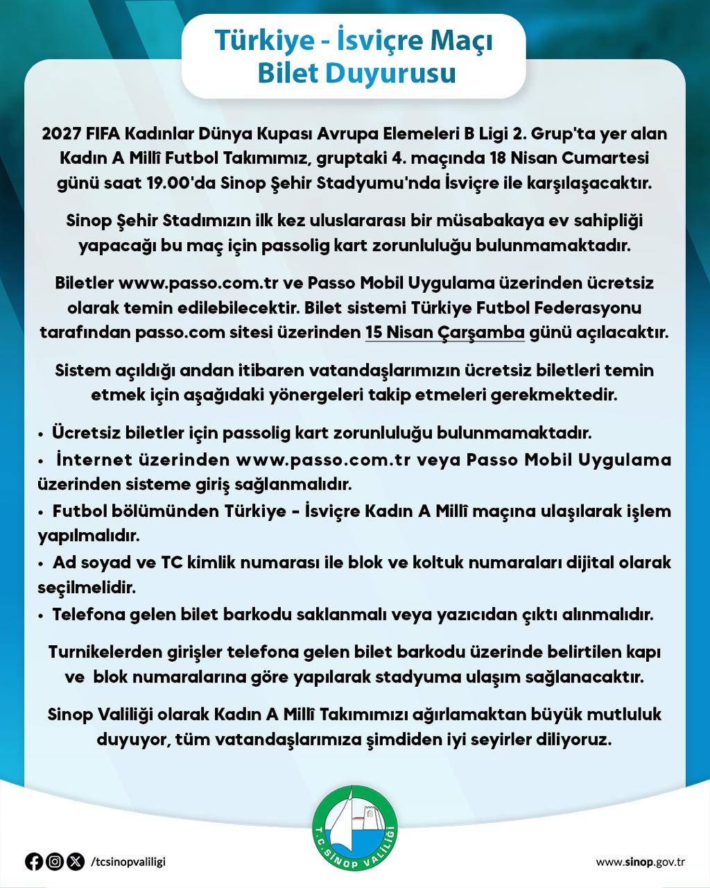 Sinop’ta tarihi maçın biletleri ücretsiz olacak: Sinop Valiliği'nden Milli Maç için bilet duyurusu